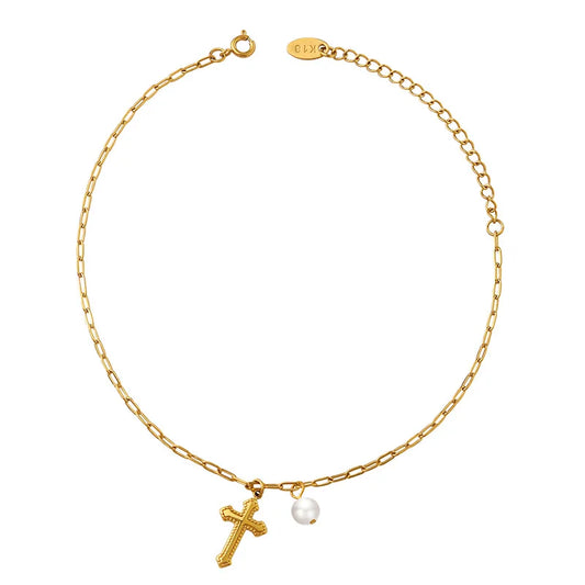 Cross Pearl Pendant + Paper Clip Chain Anklet