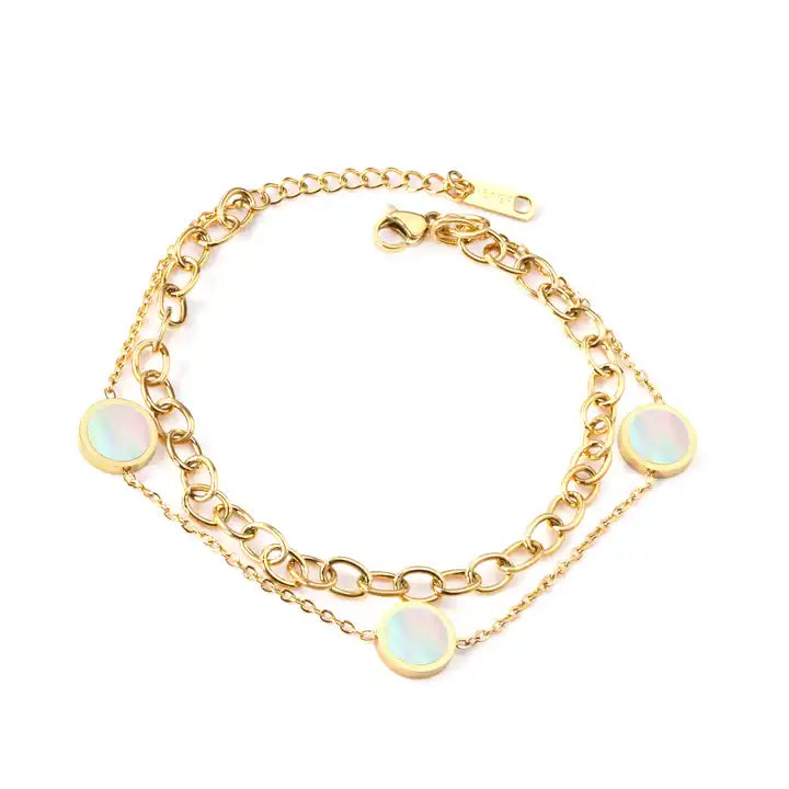 Double-Layered White Shell Oval Cable Link Chain Bracelet